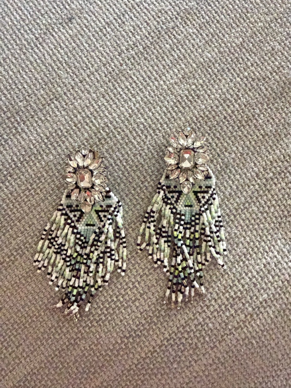 Beaded Fringe Statement Earrings with Clear Crystal Accent - Green